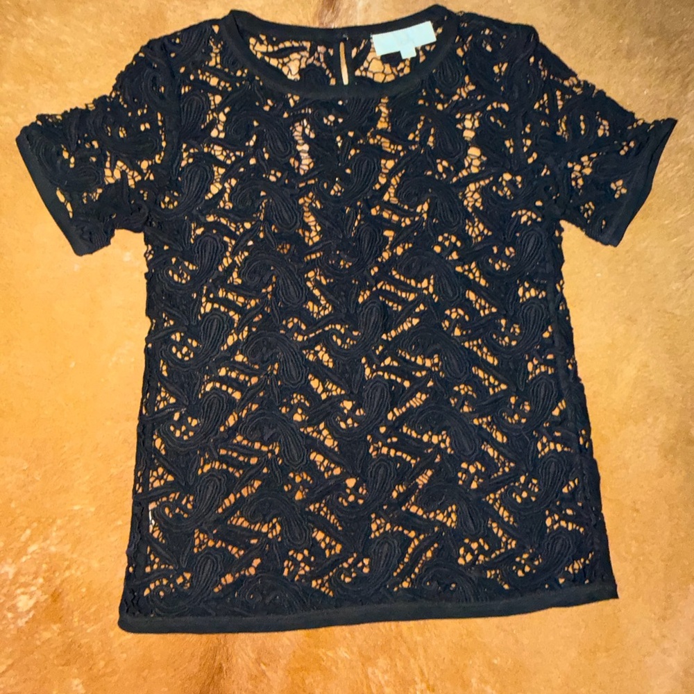 LOFT Black Lace Short Sleeve Blouse